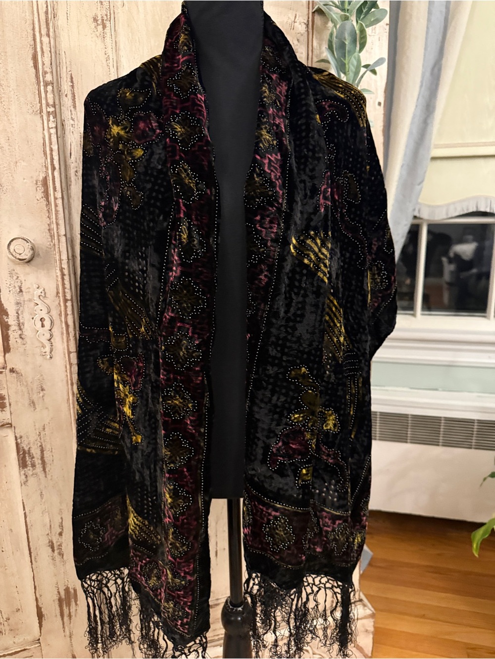 Jennifer Sun silk burnt out velvet, fringe ends boho multi colored scarf.